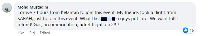 Tangkapan layar komen Facebook seorang peserta yang telah memandu dari Kelantan untuk acara ini