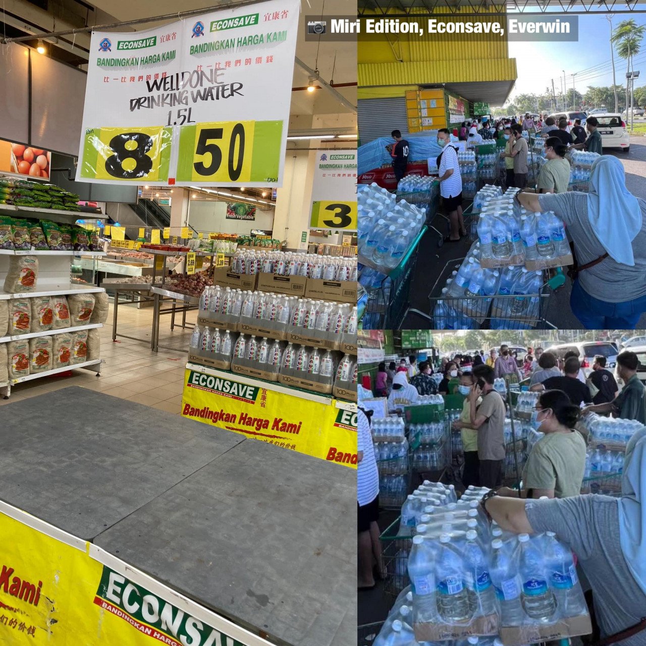 Orang ramai membeli air mineral di sebuah pasar raya di Miri. - Gambar dari Facebook Miri City Sharing Channel