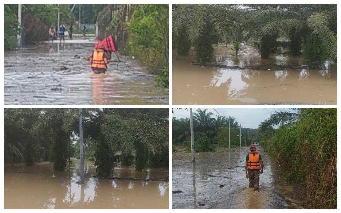 Keadaan banjir di Sungai Tiram. - gambar JBPM Johor