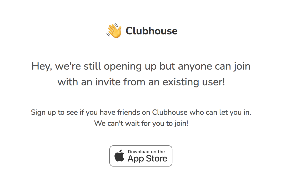 Tangkapan skrin laman web rasmi Clubhouse