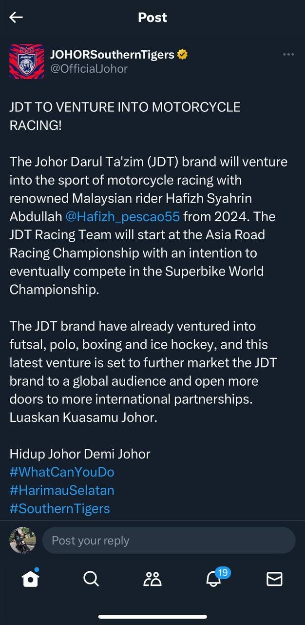 Perkongsian JohorSouthernTigers mengenai JDT Racing Team mulai 2024.