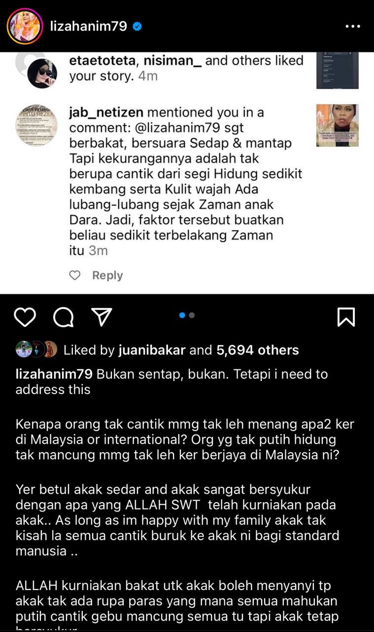Liza Hanim ketika membalas kritikan netizen di akaun Instagramnya. gambar Instagram Liza Hanim