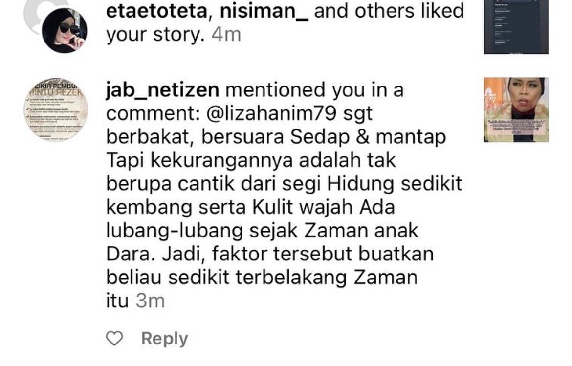 Liza Hanim membalas komen netizen di akaun Instagram miliknya.
