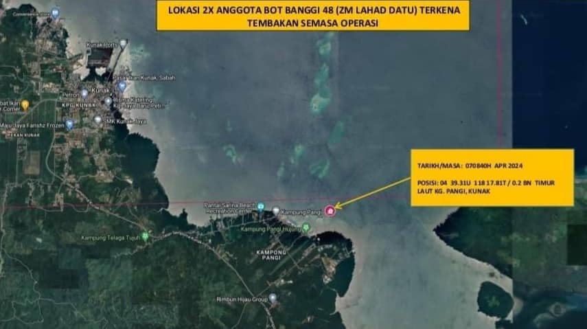 Peta lokasi kejadian tembak menembak membabitkan anggota Maritim Malaysia dengan suspek. - gambar Maritim Malaysia
