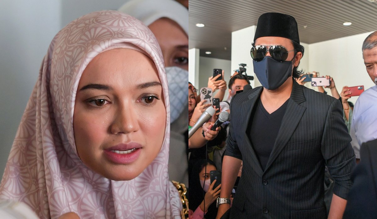 Puteri Sarah (kiri) dan Syamsul Yusof hadir ke mahkamah syariah hari ini  bagi sebutan kes penceraian. - Gambar Bernama