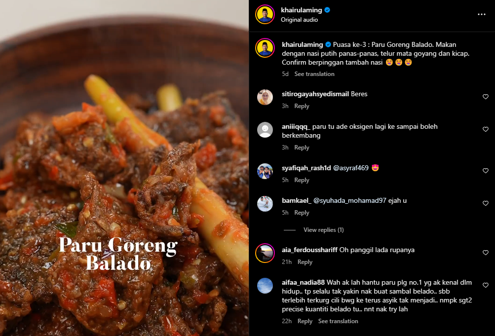 Akauntan Anas Basir A Bakar mengakui berjaya memasak paru goreng berlado selepas menonton video pempengaruh Khairul Aming. - gambar media sosial