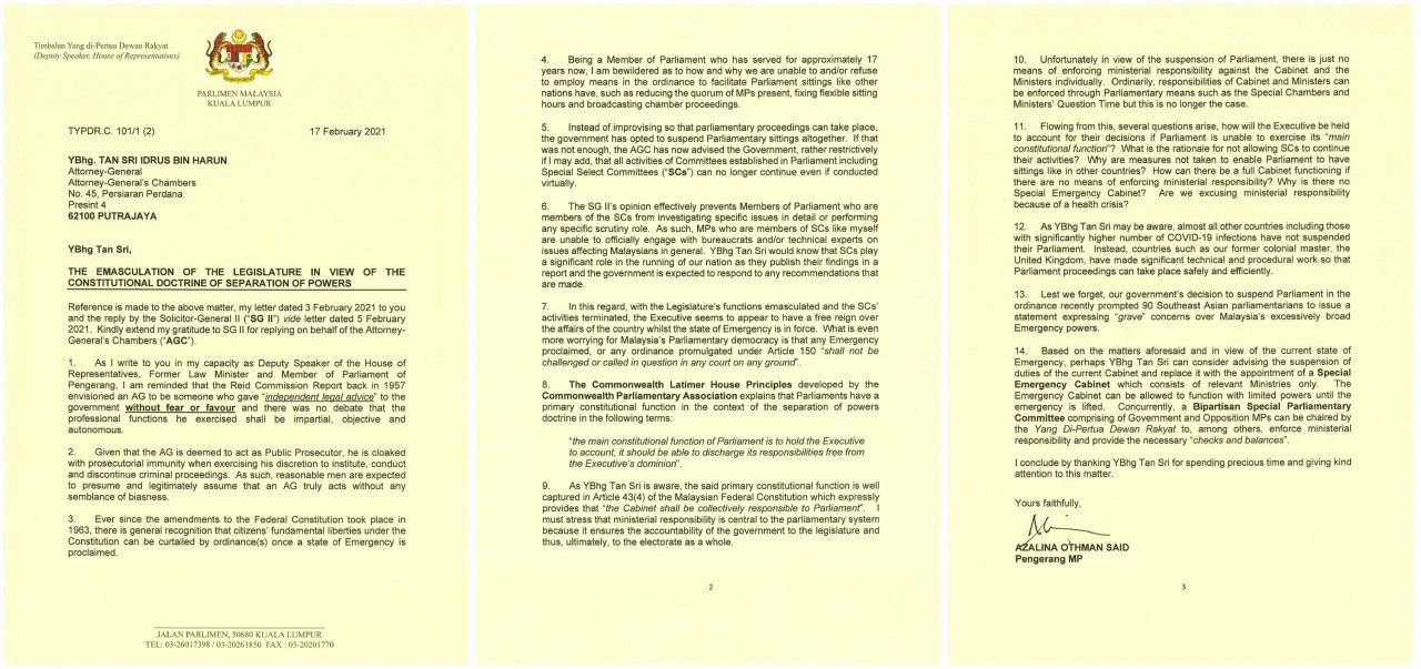 Surat Azalina kepada Peguam Negara yang persoal kewajaran gantung sidang Parlimen