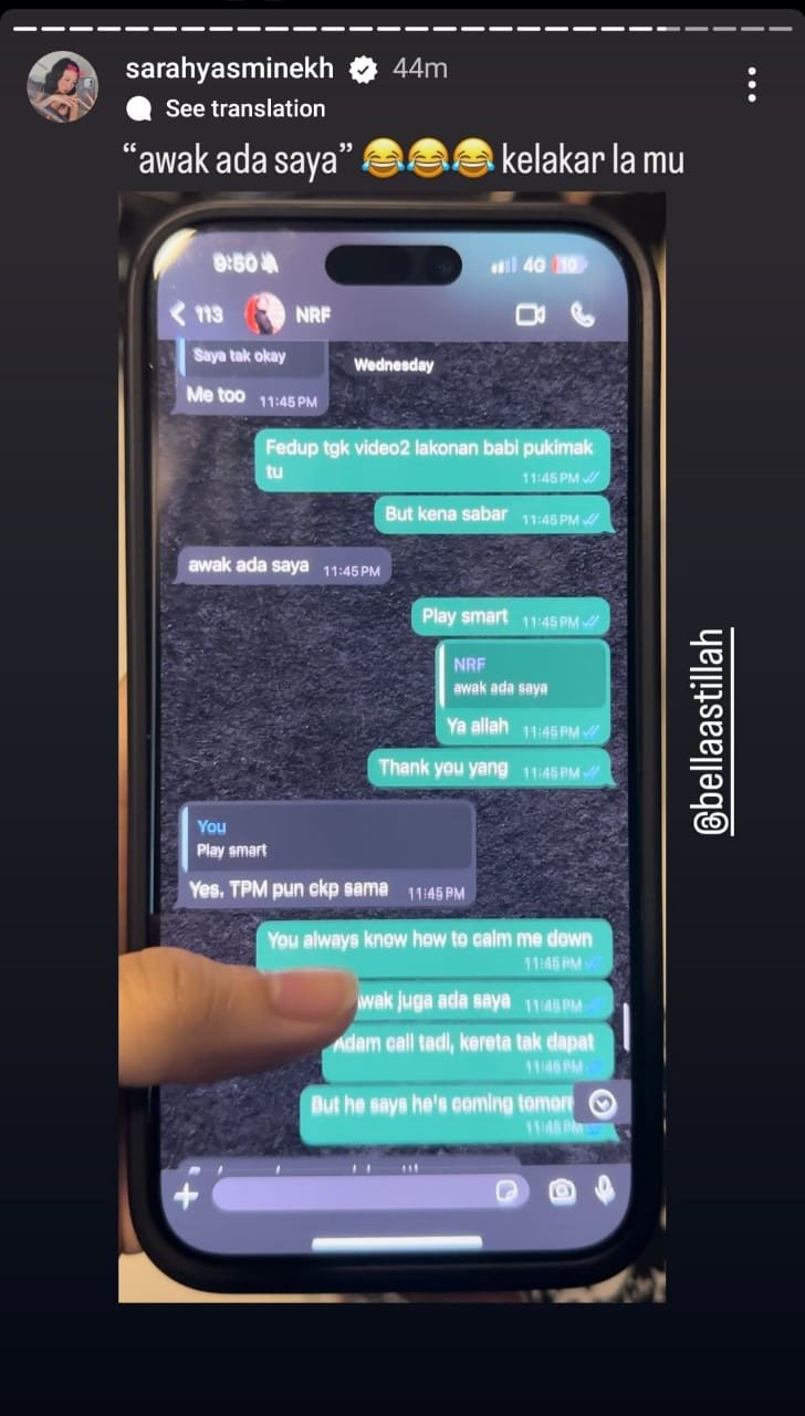 Tangkap layar perbualan melalui aplikasi WhatsApp antara Aliff dan Ruhainies yang dikongsikan Sarah Yasmine. - gambar media sosial
