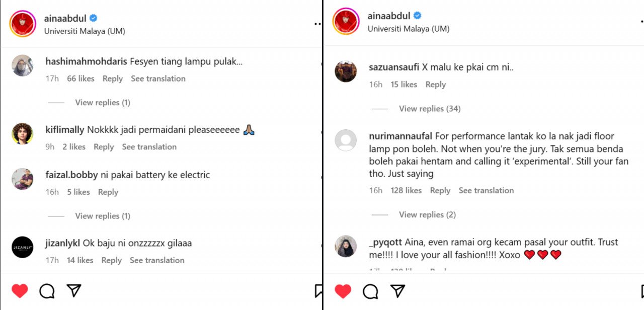 Antara komen netizen tentang gaya terkini Aina Abdul