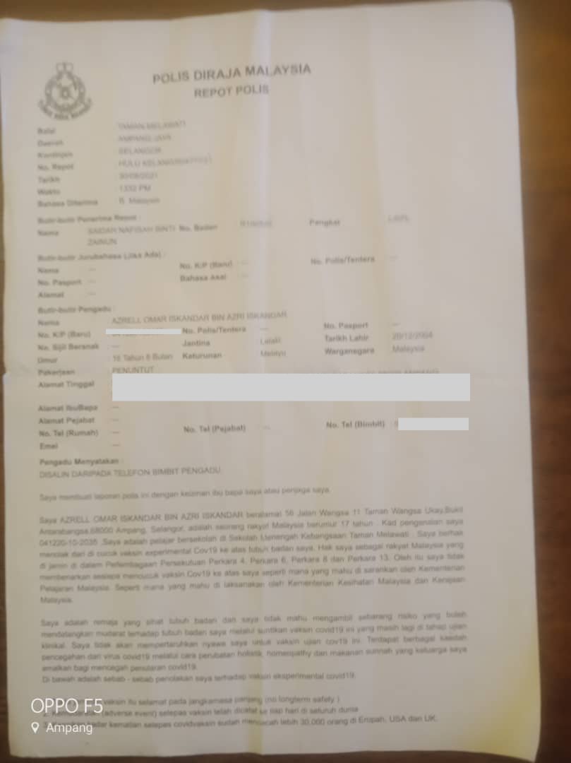 Salinan laporan polis yang dibuat oleh Azrell Omar Iskandar bin Azri Iskandar