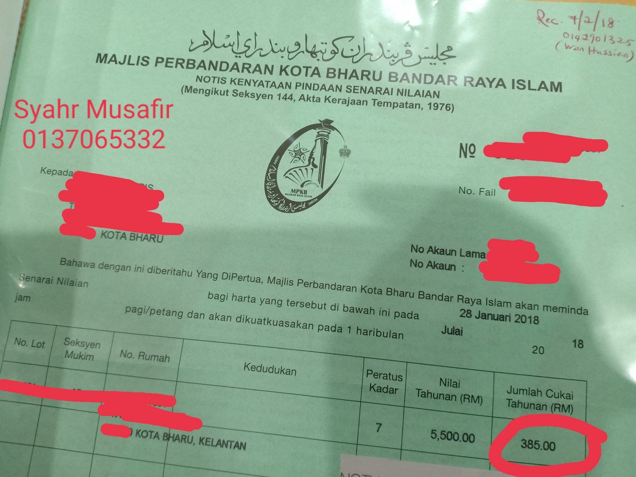 Cukai pintu sebanyak RM385 yang dibayar oleh Dr Syahr Musafir.