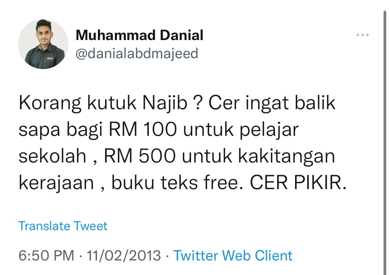 Twitter yang dimuat naik Muhammad Danial pada 2013 ‘dibongkar’ semula oleh netizen di platform media sosial. 