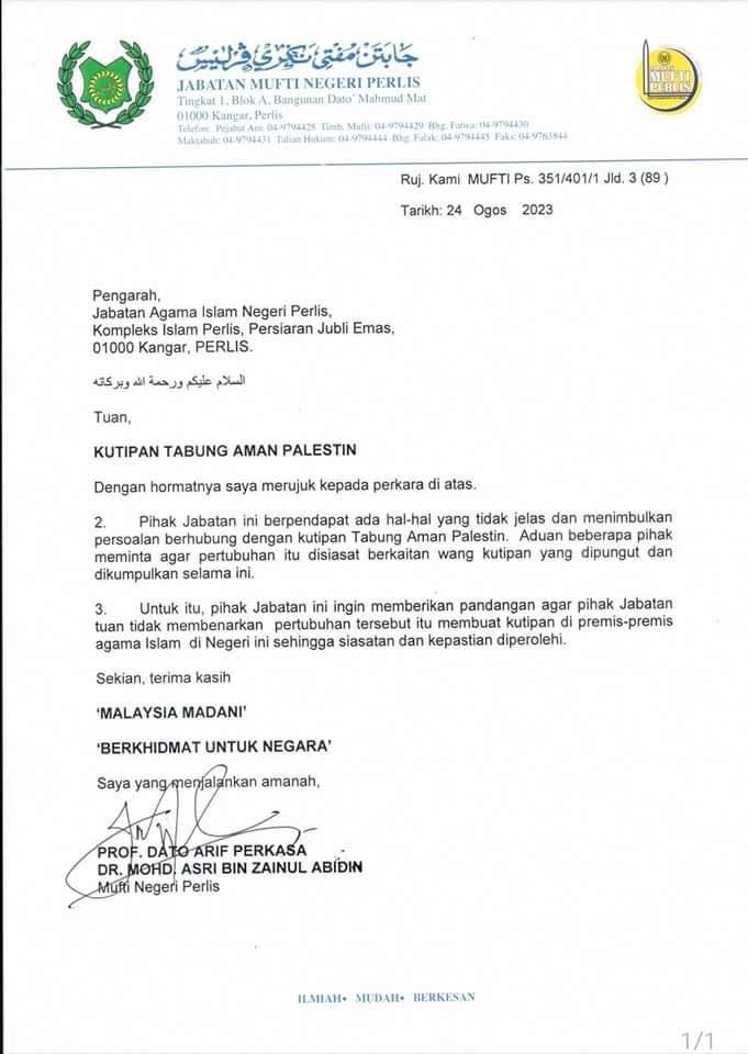 Surat yang dikeluarkan Jabatan Mufti Negeri Perlis. 