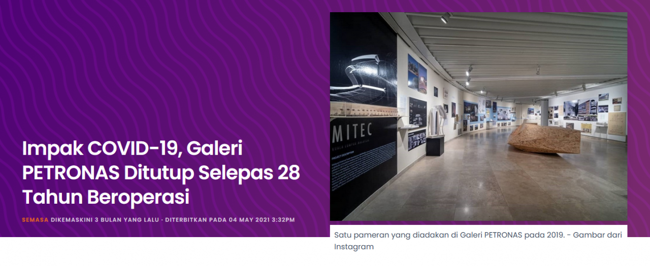 Tangkapan layar tulisan kami tentang penutupan Galeri Petronas di Suria KLCC 