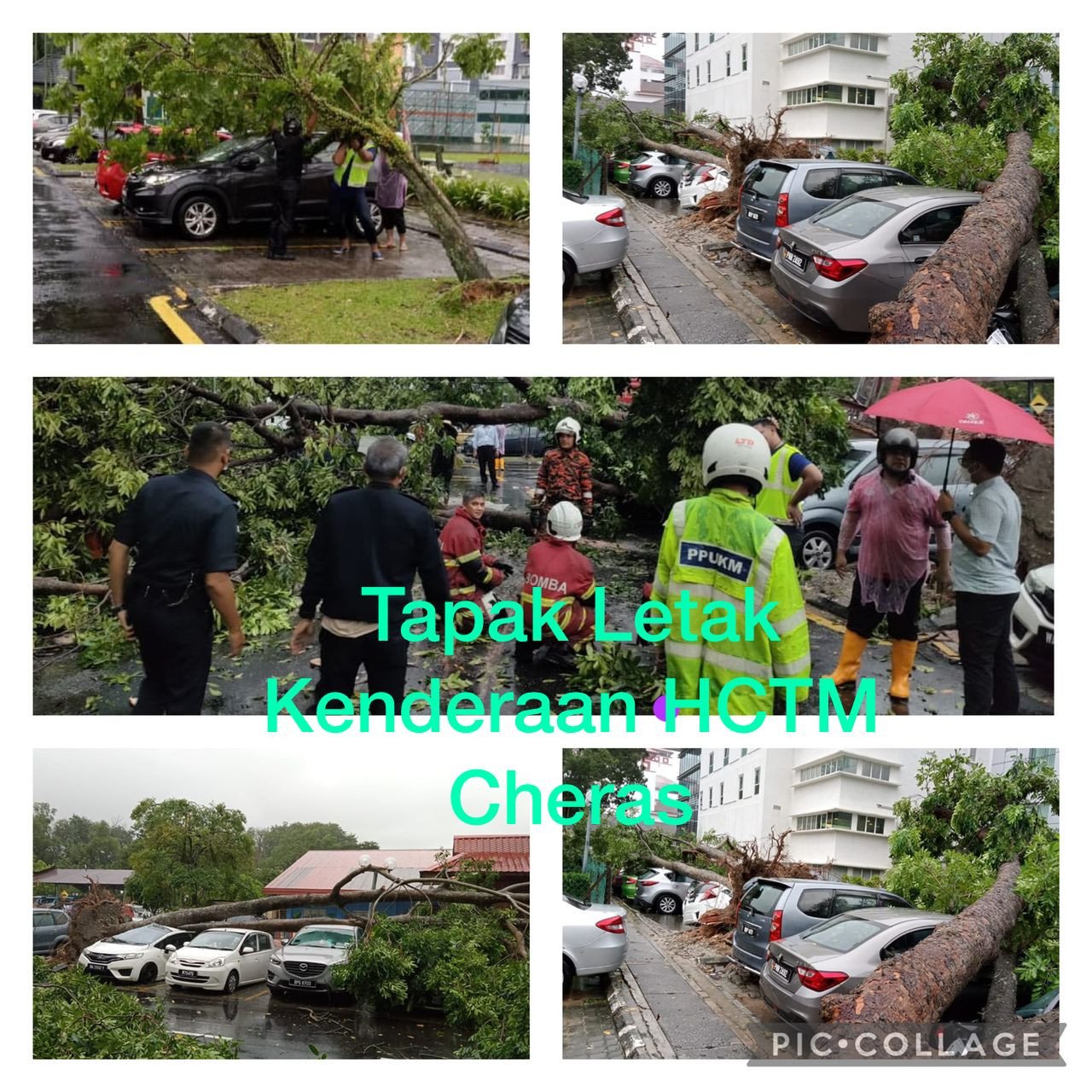 Sebanyak 23 kereta dan sebuah van rosak akibat dihempap pokok di HTCM Cheras. - Gambar ihsan Bomba