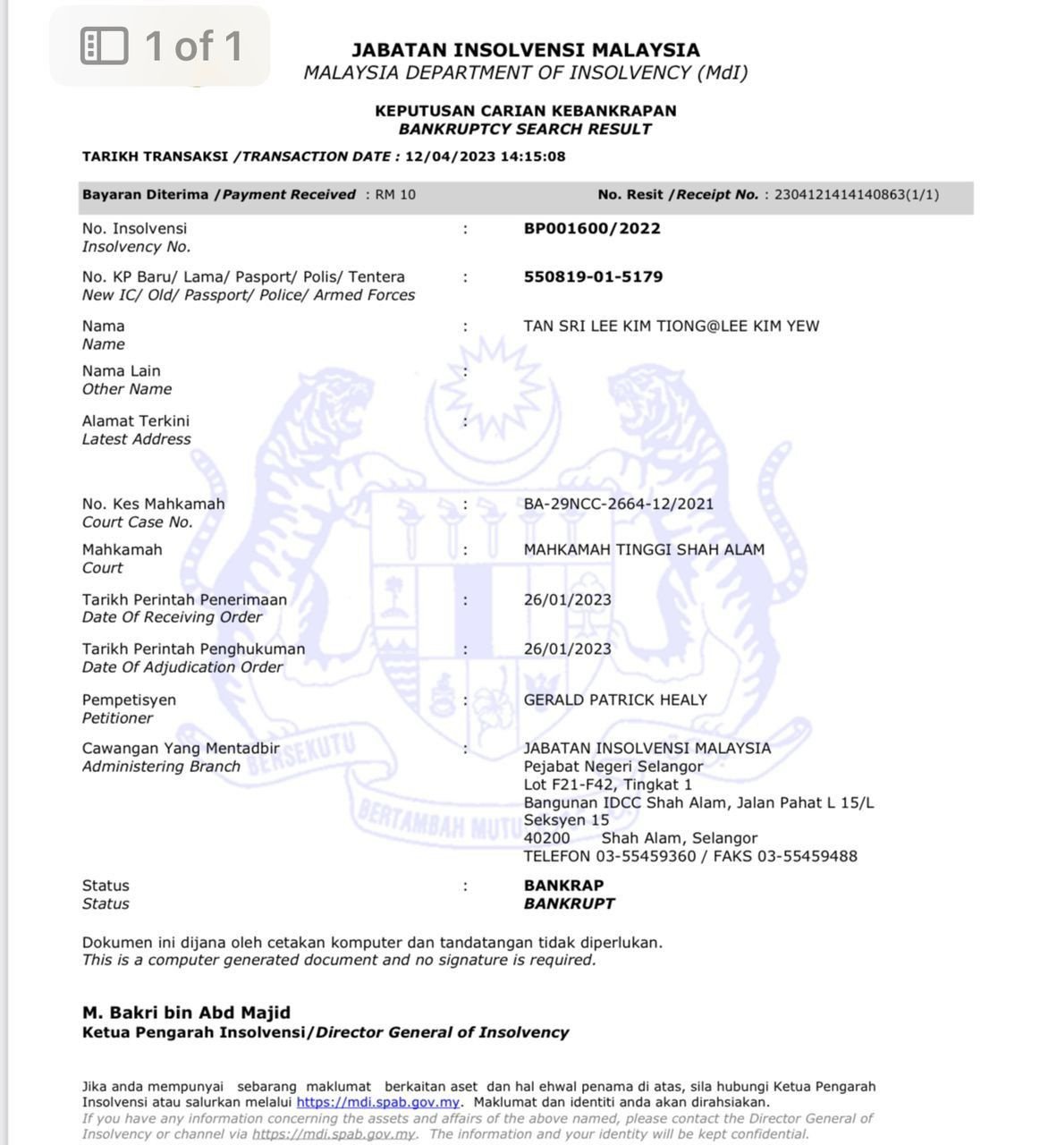 Rekod Jabatan Insolvensi menunjukkan Tan Sri Lee Kim Yew diisytiharkan muflis oleh Mahkamah Tinggi Shah Alam pada 26 Januari 2023.