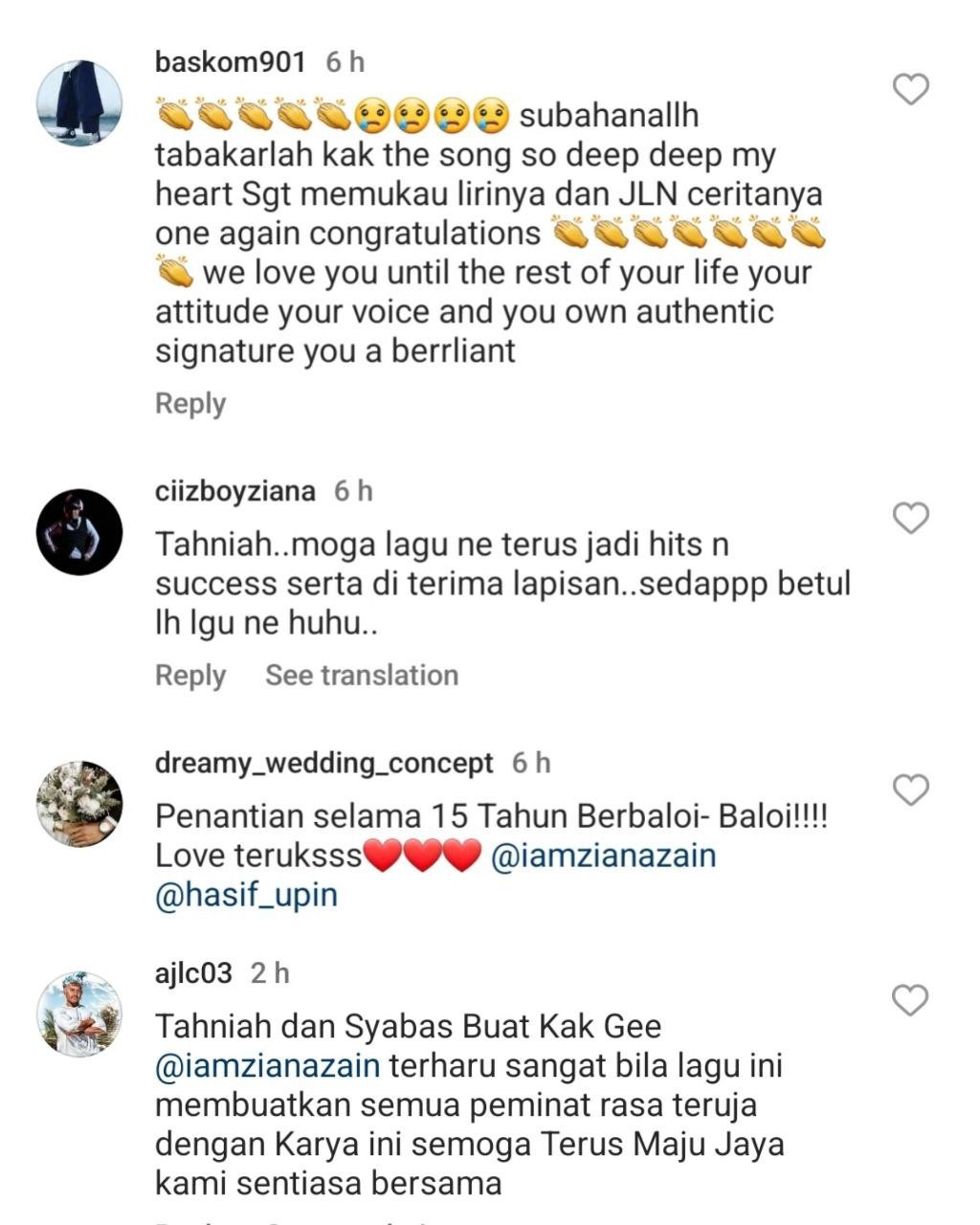 Antara komen peminat tentang lagu terkini Ziana Zain - Tangkapan layar Instagram