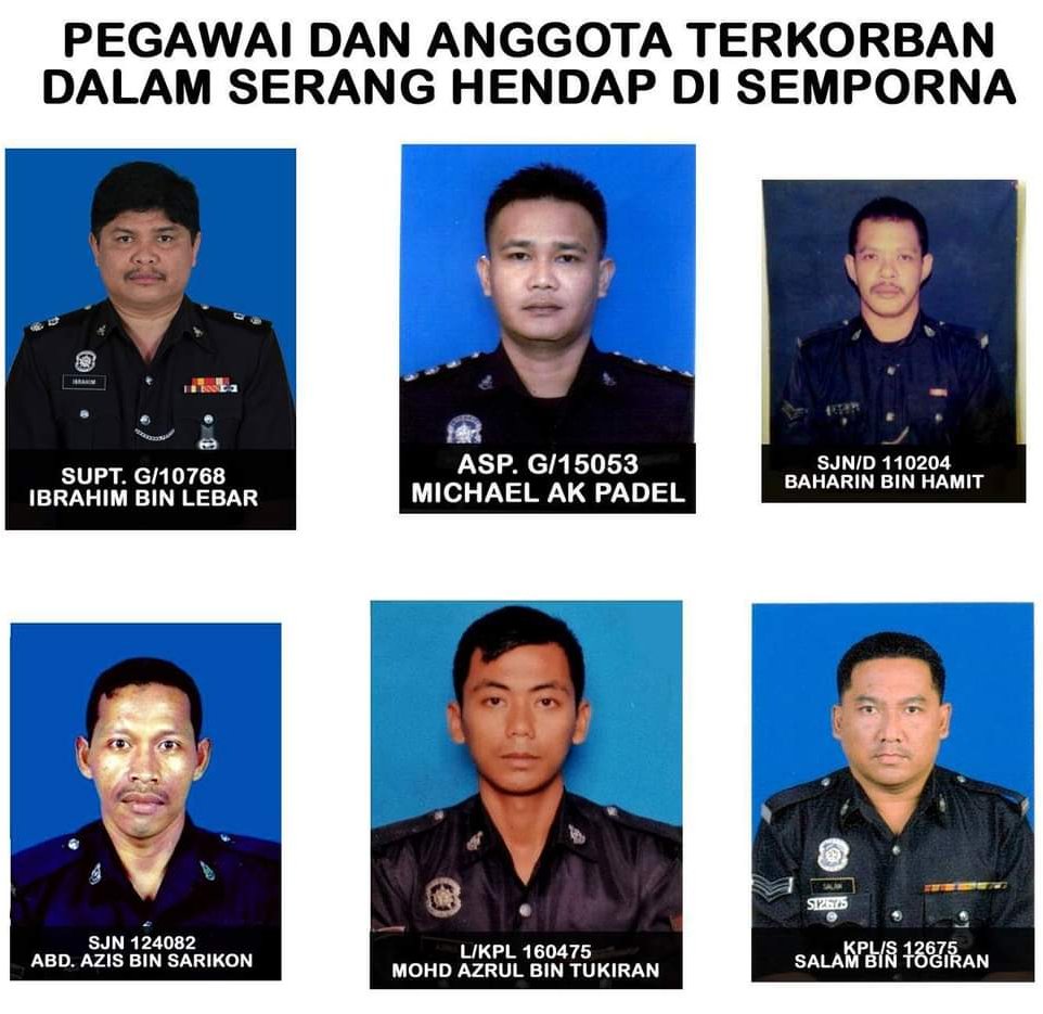 Abdul Aziz (bawah kiri) adalah antara enam pegawai dan anggota polis yang terkorban dalam serangan hendap di Simunul pada 2 Mac 2013.