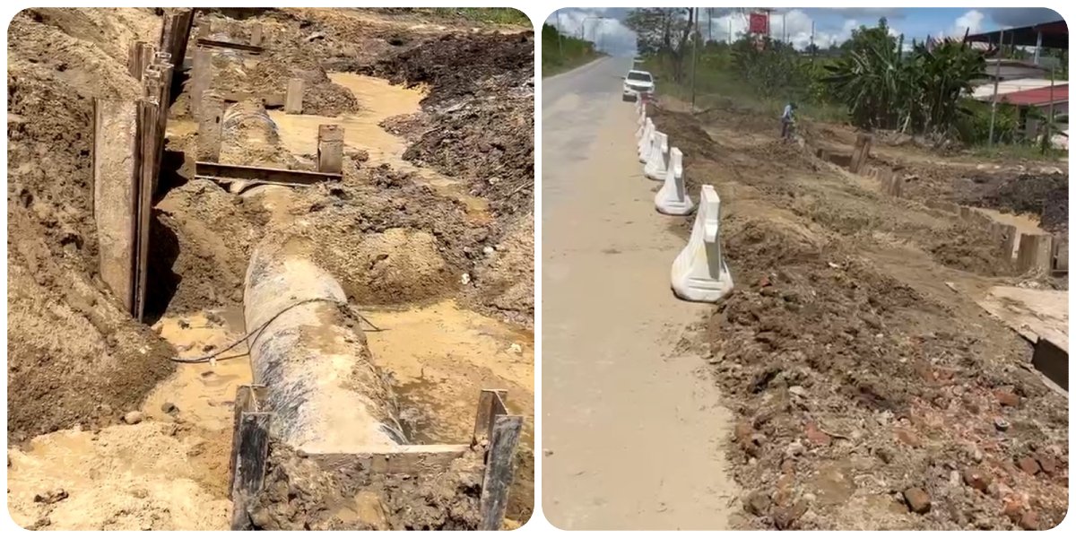 Kerja pembaikan agak sukar dijalankan kerana saluran paip bekalan utama rosak teruk akibat pergerakan tanah. - Gambar dari Facebook Miri Edition