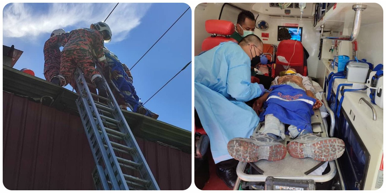 2 lelaki diselamatkan oleh Bomba selepas terkena renjatan elektrik ketika menjalankan kerja memasang kekisi bumbung sebuah premis di Jalan Nyigu, Bintulu hari ini.