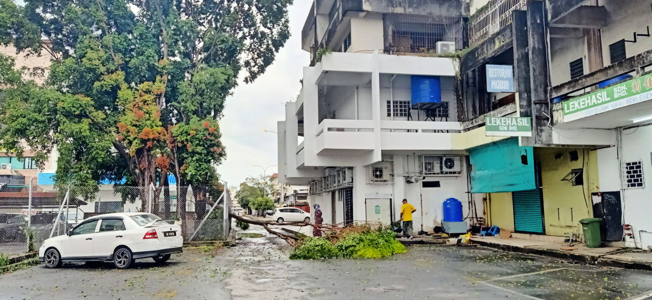 Ribut menyebabkan pokok tumbang, sekali gus menutup laluan.