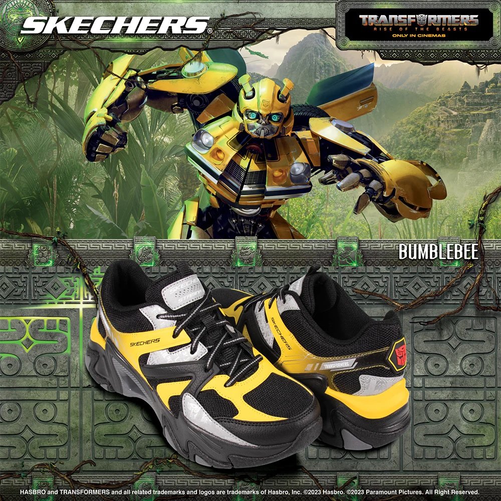 Warna kuning robot Transformers Bumblebee turut diterapka dalam koleksi kasut Stamina V3 ini. - Gambar Skechers