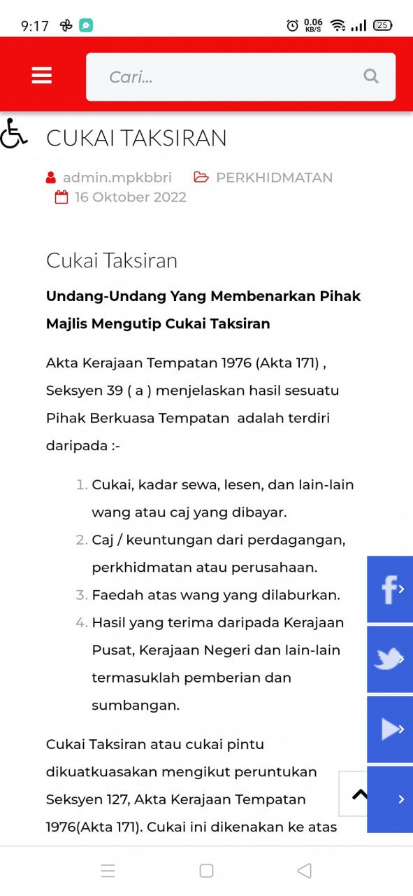Tangkap layar dari laman web Majlis Perbandaran Kota Bharu mengenai cukai taksiran.