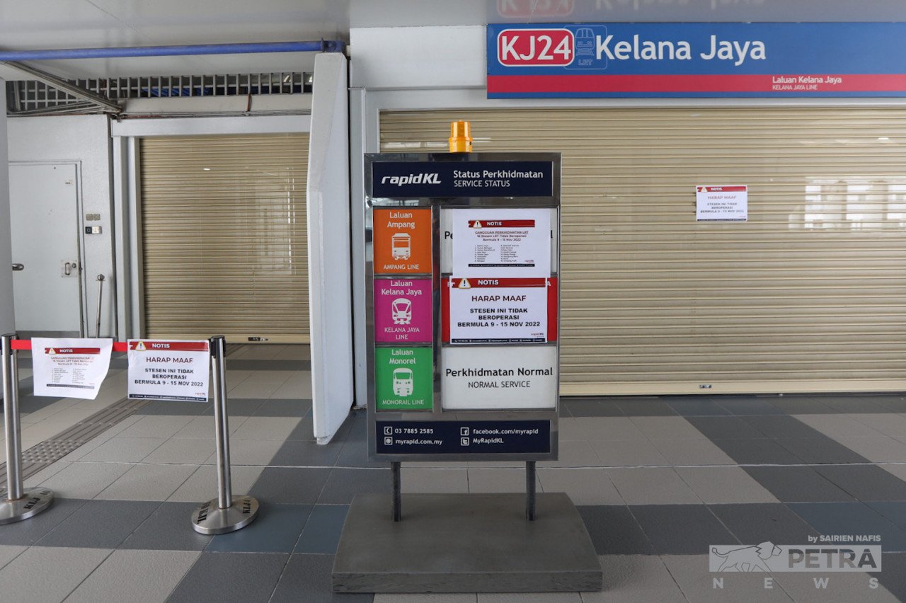 Perkhidmatan LRT laluan Kelana Jaya digantung operasi selama tujuh hari hingga 15 November ini, membabitkan 16 stesen dari stesen Kelana Jaya hingga Ampang Park.