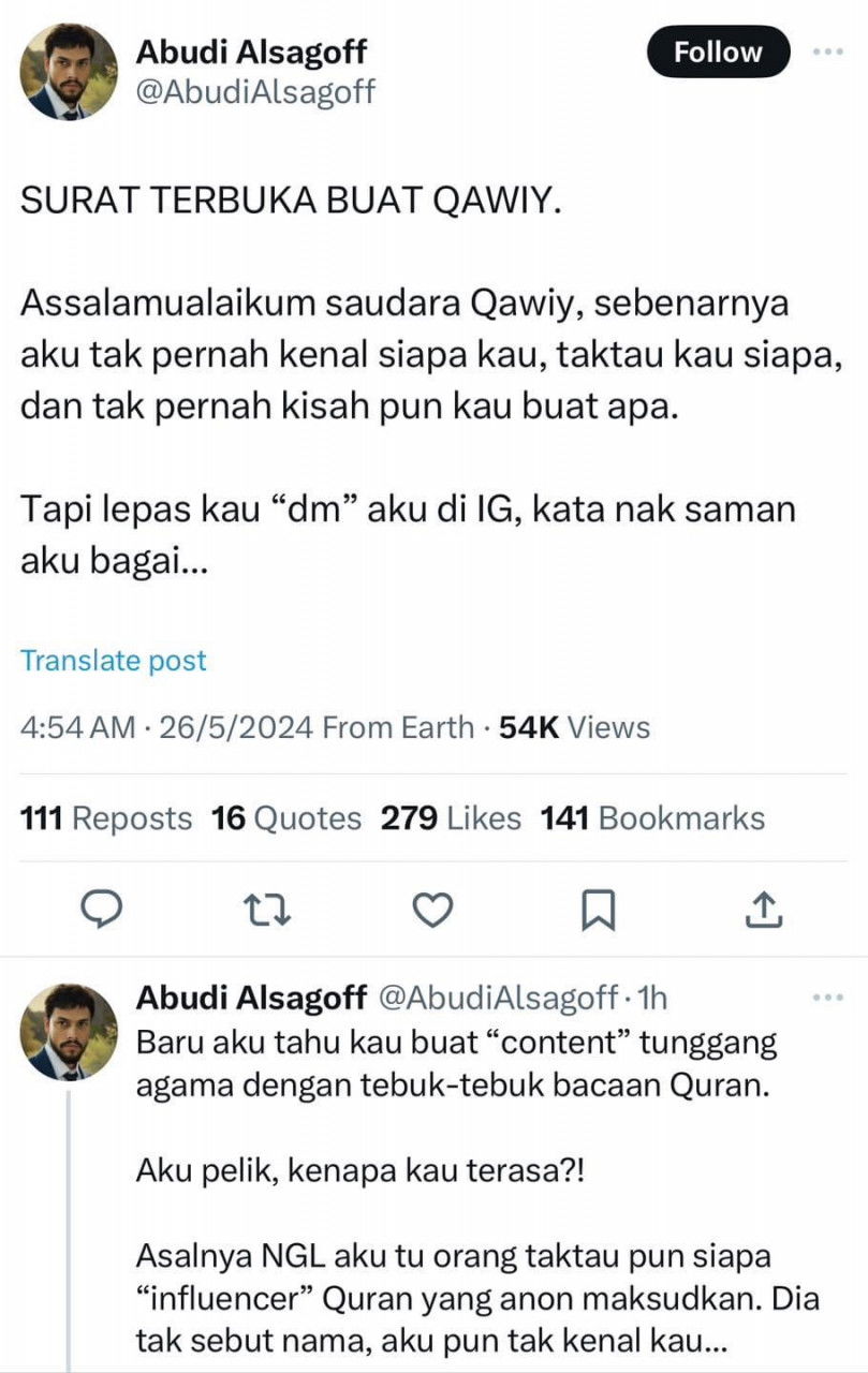 Bebenang dihasilkan Abudi Alsagoff yang mengandungi desakan agar Qawiy melakukan sumpah laknat jika benar dia difitnah - Gambar X