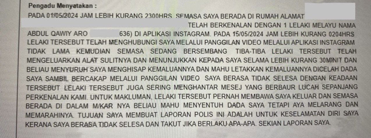 Tangkap layar laporan polis yang dikatakan dibuat mangsa - Gambar X