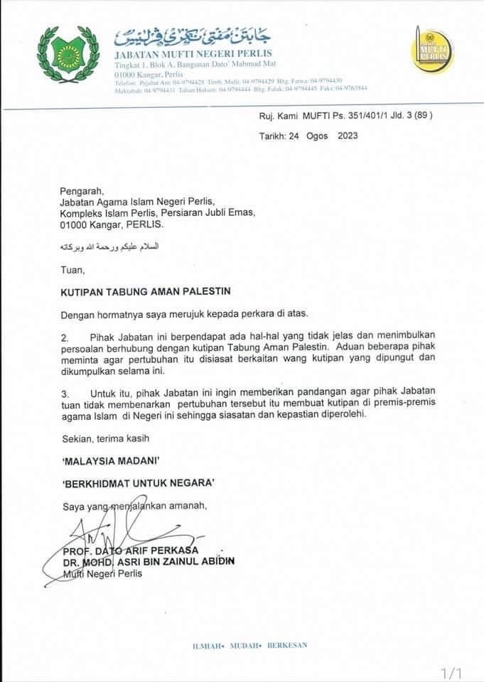 Surat Larangan kutipan derma dikeluarkan oleh Jabatan Mufti Negeri Perlis - gambar fail