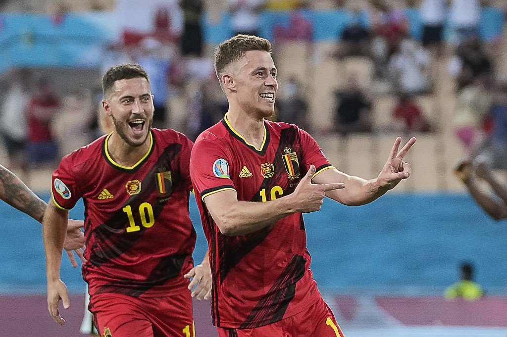 Thorgan Hazard meraikan jaringan bersama abangnya Eden dalam perlawanan menentang Portugal. - Gambar AFP