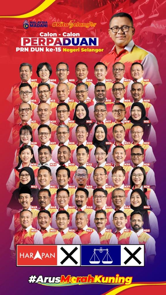 Senarai dan wajah setiap calon Kerajaan Perpaduan untuk PRN Selangor - gambar Pusat Media Maya DUN Selangor