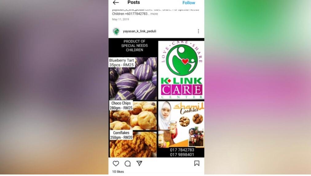 K-Link Care Center juga menjual produk Shamil Cookies di laman media sosial termasuklah Instagram