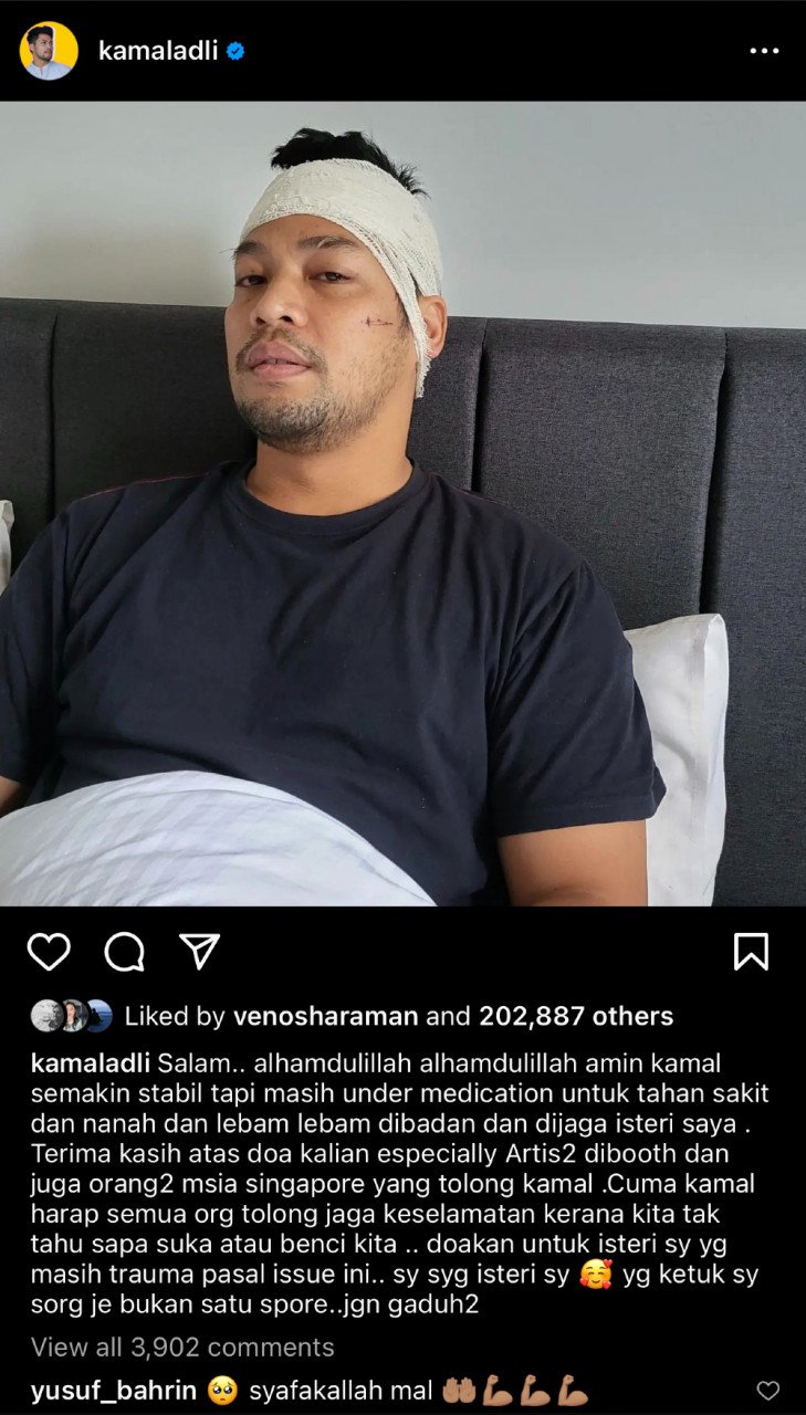 Kamal Adli mengalami kecederaan selepas dipukul di Singapura, minggu lepas. - Gambar dari Instagram @kamaladli